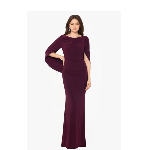 New Betsy & Adam Miriam Long Stretchy 3/4 Sleeve Cowl Neck Drape Back Gown P334 - Picture 1 of 9